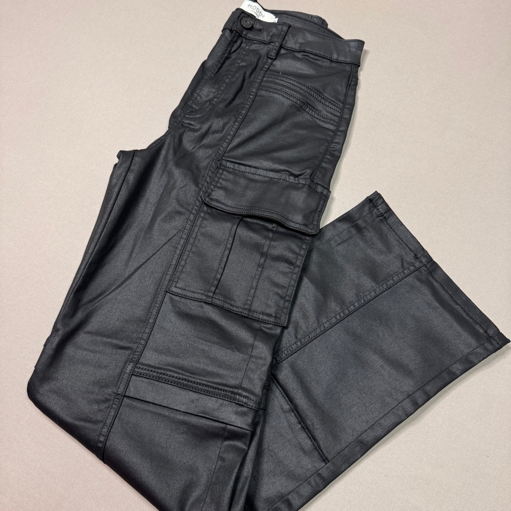 Hidden Jeans Womens Black Coated Cargo Pants Straight Leg High Waist Size 28